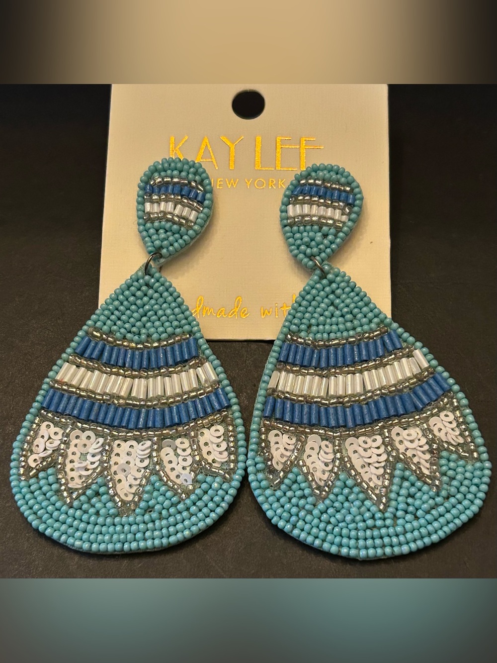 Handmade Boho Turquoise, Blue& White Beaded Teardrop Drop Pierced Earrings